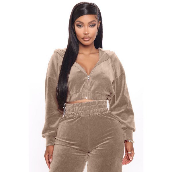 Höst/vinter dam tvådelad enfärgad plysch dragkedja huvtröja elastisk midja byxor casual varm set beige M