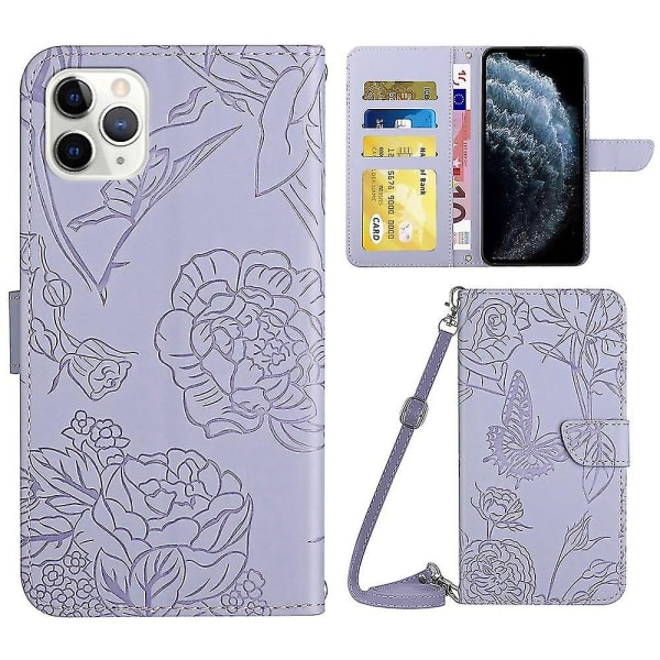 Plånbok Phone case For Iphone 11 Pro Max 6,5 tum Pu Läder Butterfly Flowers Imprinting Telefonskal Stötsäkert Stand Case Med Shoulder Str. null ingen