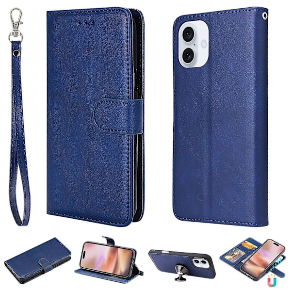 For iPhone 16 Plus Case PU Leather 2 in 1 Wallet Phone Case Magnetic Detachable Blue