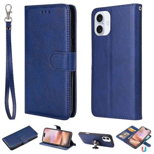 Kompatibel med iPhone, iPhone 16 Plus Skal PU Läder 2 i 1 Plånboksfodral Magnetiskt Avtagbart Blue