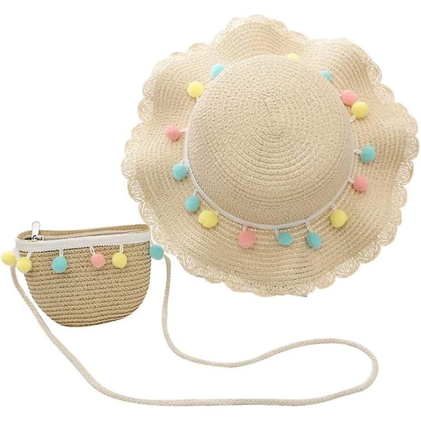 Flickor volang stråhatt och liten väska Set, sommar, för semester, resor, aktiviteter utomhus (beige)