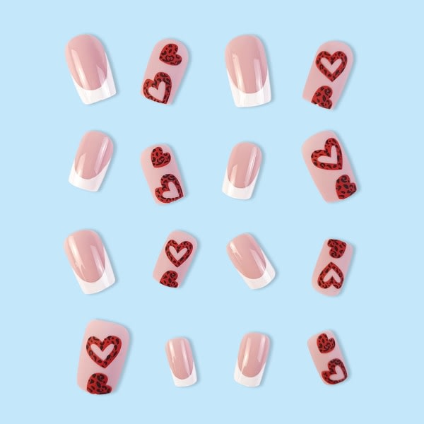 24ST Press på naglar - Vita franska fyrkantiga lösnaglar med röd kärlek - Cover akryl lösnaglar med lim - falska naglar fastnar på naglar