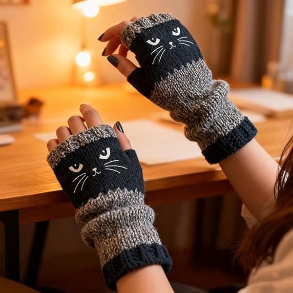 Fingerløse strikhandsker til kvinder med kattebroderi, bløde strækbare varme håndledsvarmere til vinter, tastning, kørsel, lilla, One Size
