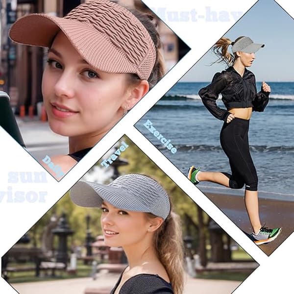 Strikket solskjermhatt for kvinner, åpen topp, bred brem, pustende polyester solbeskyttelse, for løping, golf og strand, beige, 50-56 cm
