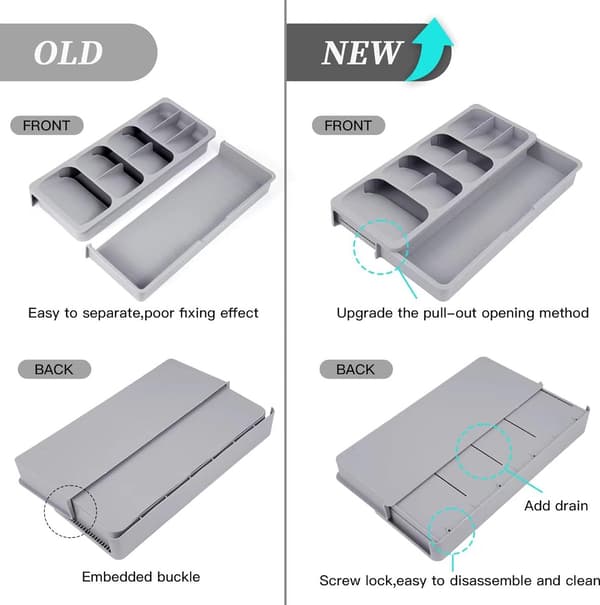 2-in-1 Cutlery Organizer/Drawer Divider - 40.5x16.5x5.5 cm - Grey PP - Extendable & Adjustable - For Kitchen Drawers