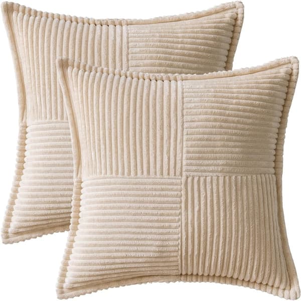 Dekorative pudebetræk, blødt polyester fløjl patchwork, til sofa stue soveværelse, råhvid, 45 x 45 cm, sæt med 2