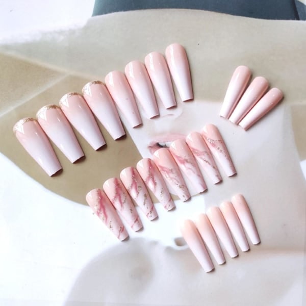 Lange tryk på negle Gradient Fake Nails Akryl Cover Bling Falske negle til kvinder og piger 24PCS