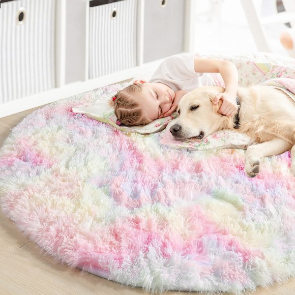 Regnbue Fluffy Teppe for Jenter Soverom 4ft, Unicorn Rom Innredning, Pastell Rund Teppe for Barn, Shag Teppe for Barnerom, Myk Lekematte