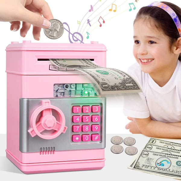 Rosa elektronisk spargris for barn 3-12 år, sikker spargris med kod Sparbössa Barnsäker Spargris Bankomat Leksak Barnsäker Cadea CDQ