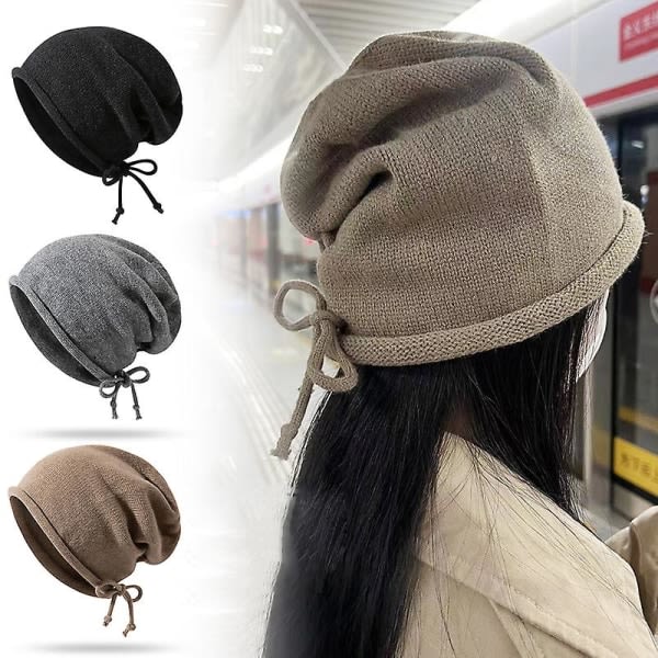 Unisex Slouchy Knit Beanie med bekväm Hiphop-hatt med böjd kant för gravida kvinnor Student Män Black