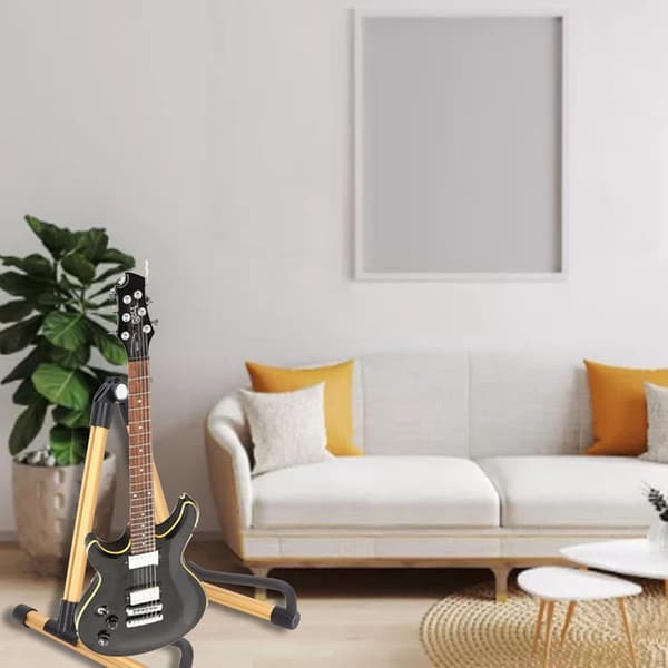 A-format gitarrstativ, justerbar höjd, hopfällbart instrumentstativ i metall med mjuk sammetsstoppning för akustiska och elektriska gitarrer, guld