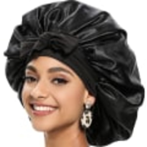 Silke Bonnet Naturlig krøllete hår Sove Satin Bonnet black