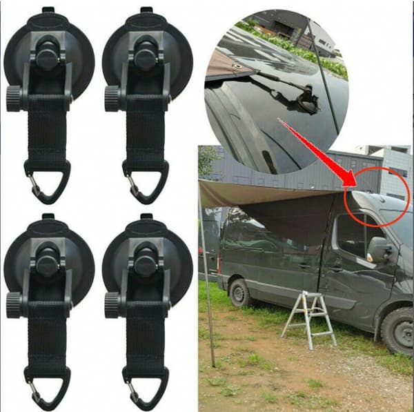 4-pack sugkoppskrokar med rem och säkerhetskrok för bilmarkis, presenning, camping utomhus, svart