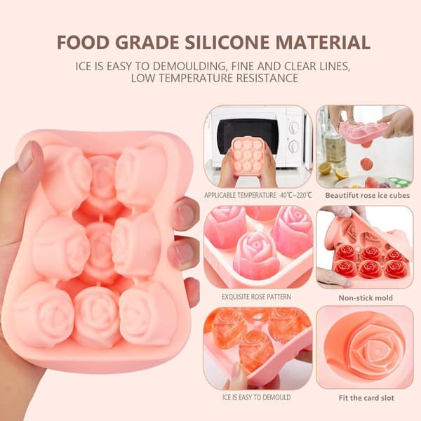 Silikon Rose Isbitform, BPA-fri 9-hulls 3D-form med lokk for cocktailer, drinker og desserter, rosa