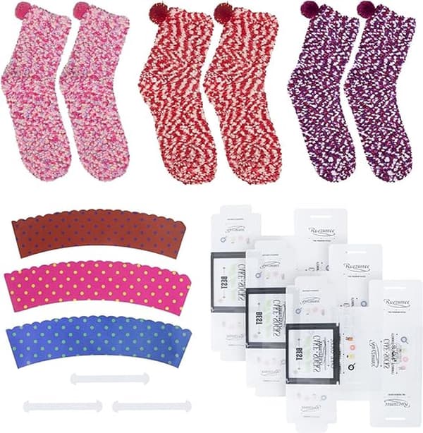 DIY Presentstrumpor för kvinnor, 3 par (röd, rosa, lila), plyschiga vintertofflor med presentförpackning