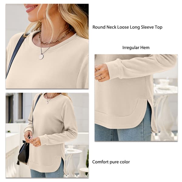 Women's Long Sleeve T-Shirt Crew Neck Irregular Hem Top Solid Color Loose Casual Basic Tee Apricot XL