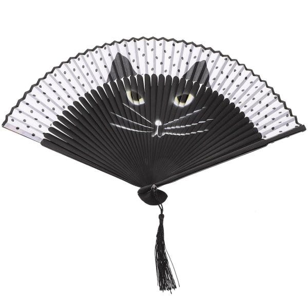 Kvinnor Cartoon Cat Folding Silk Fan Handheld tuuletin (svart) Musta ei mitään