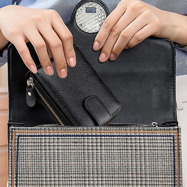 Korthållare plånbok för kvinnor/män, liten läder dragkedja Kortfodral etui med ID-vindu, 11*8*4cm svart