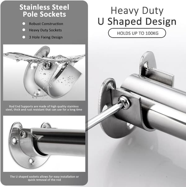 Gardinstångsfästen i rostfritt stål, U-formade 3-håls väggfästen för garderobs- och klädstänger, silver, 32 mm, 2-pack