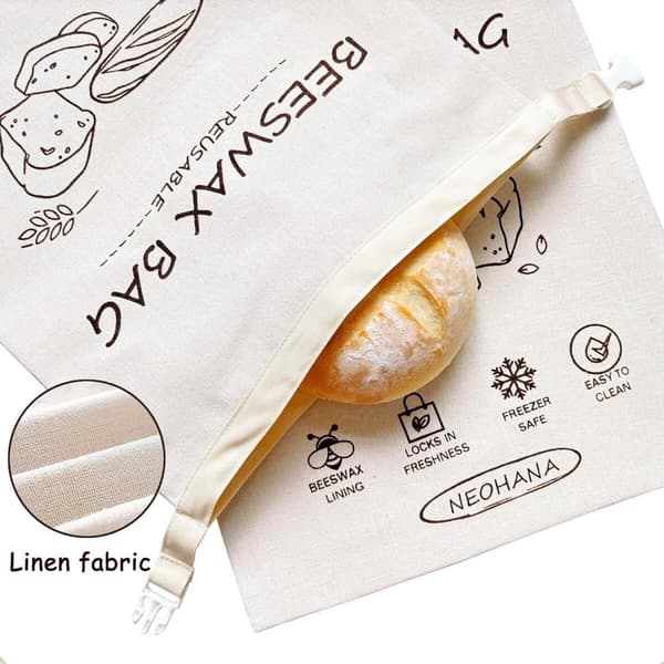 Bivaxbrödpåsar, 2-pack återanvändbara med bivaxfoder, fryssäkra för hembakat surdegsbröd, beige, 43 x 33 cm