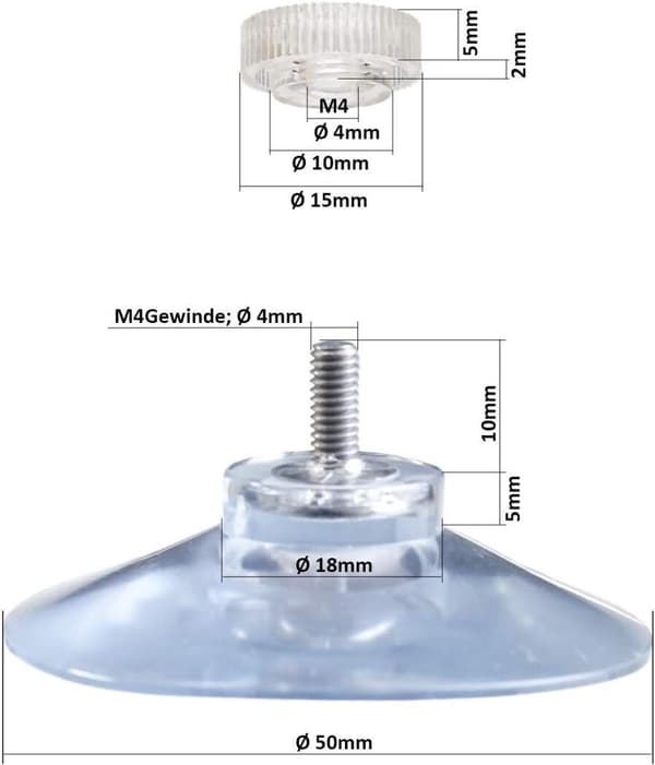 8 x Suction Cups Ø 50 mm - Suitable for M4x10mm Thread - Suitable for Knurled Nuts Transparent