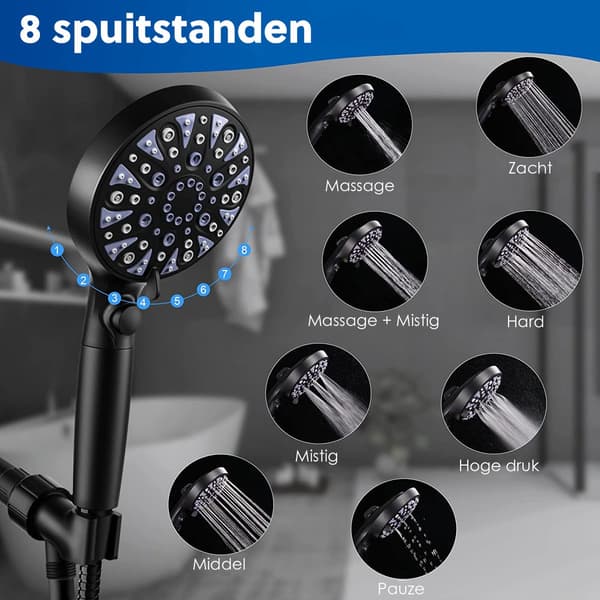 Filtreret højtryks brusehoved med håndbruser og slange, 8 spraytilstande, anti-kalk vandbesparende regnbruser, sort