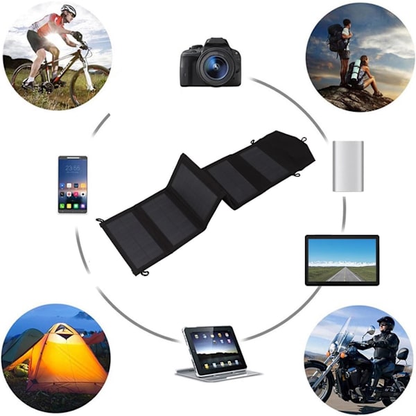Bærbar solcelleoplader, 20W udgang, 5.2V 2A, 2 USB, foldbar, IP65, sort