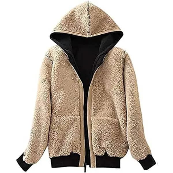 Dam-hoodie med sherpafleecefoder och dragkedja, avslappnad varm tjock vinterjacka med fickor för höst och utomhusbruk, svart