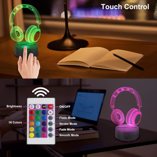 Hodetelefoner Headset 3D Illusion Lampe 16 Farge Nattlys, Smart Touch Sensor & Fjernkontroll Sengelamper Hjemmeinnredning Barn