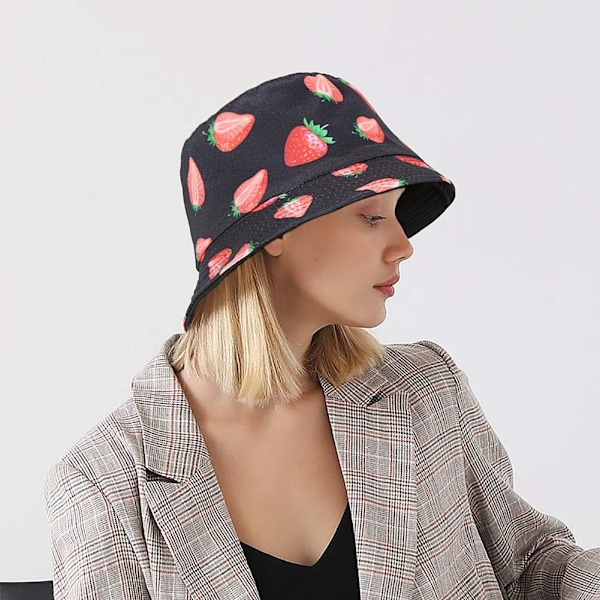 Söt bucket hat strandfiskarhattar för kvinnor, vändbar dubbelsidig Strawberry