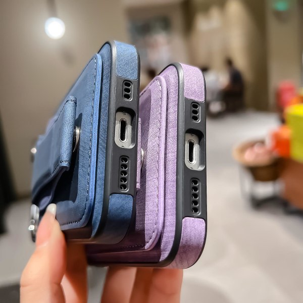 Pu Läder Tpu Phone case För Iphone 14 Plus Anti-dropp cover korthållare, stöd Purple