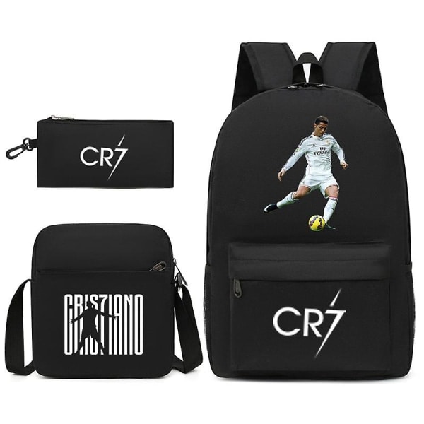 Fotbollsstjärnan C Ronaldo Cr7 tryckt ryggsäck runt studentens tredelade ryggsäck.