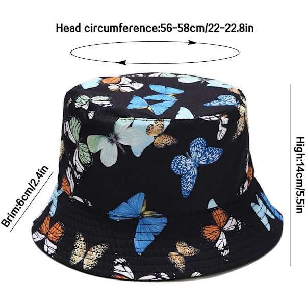 Söt bucket hat strandfiskarhattar för kvinnor, vändbar dubbelsidig användning Butterfly