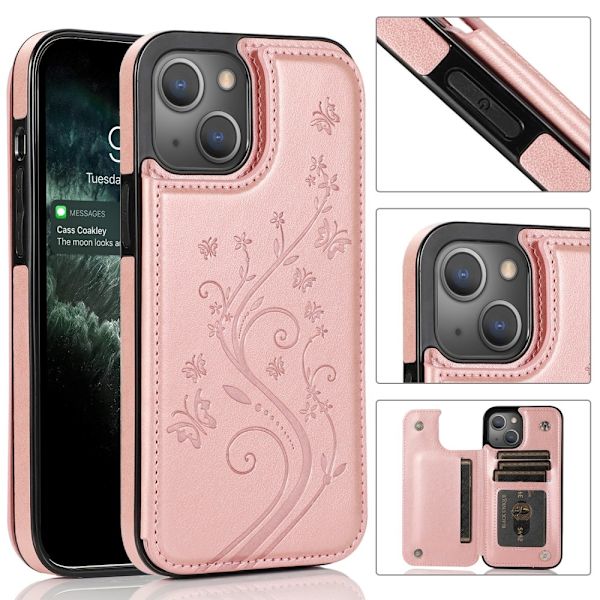 iPhone 13 - Kestävä nahkakuori korttipaikalla, ruusukulta