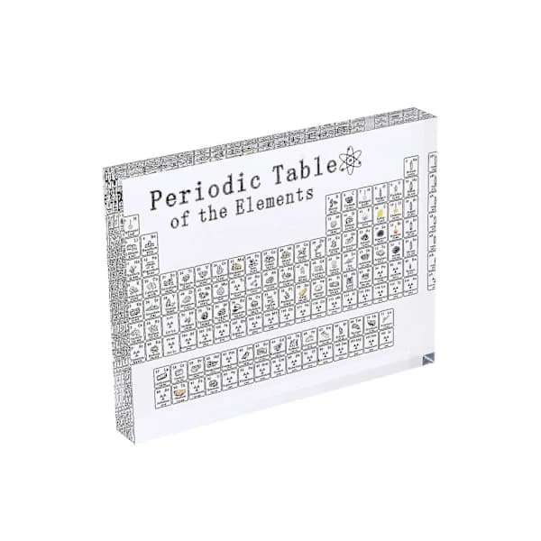 Stort periodisk system med ekte elementer inni, akryl periodisk system