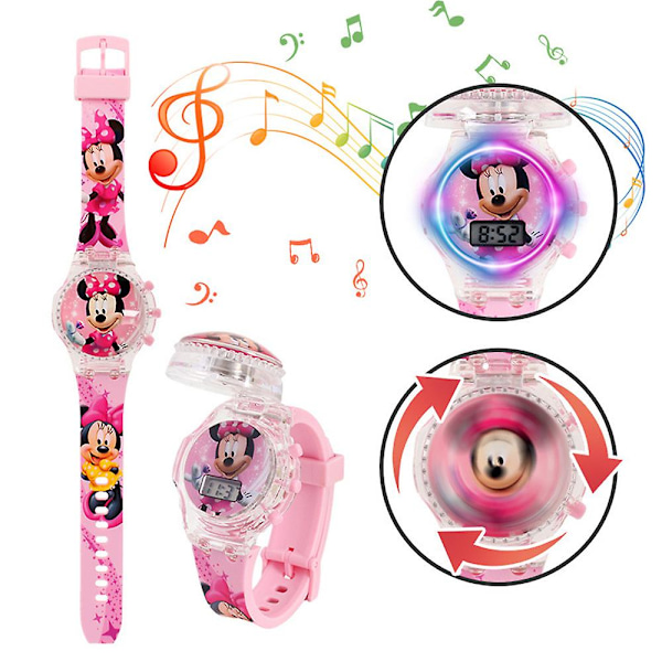 Barntecknad klocka med blinkande ljus, lysande digital musikklocka, snurrande topp, vändbart lock, armbandsur, leksak Minnie