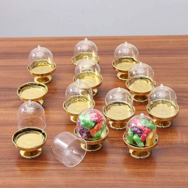 12st Mini Cake Stand Cupcake Display Tallrik med lock Födelsedag Bröllop Halloween Party Supplies (gyllene bas)