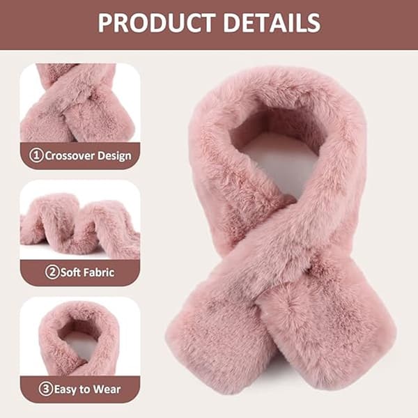 Faux Fur Scarf for Women, Warm Winter Neck Warmer Soft Plush Pull-Through Wrap Scarf, Pink