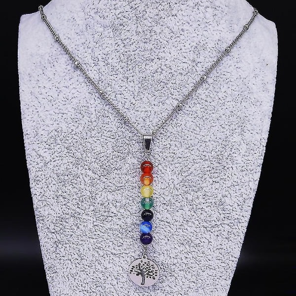 7 Chakra Lotus Blomster Livets Tre Natursten Halskjede i rustfritt stål Yoga Reiki Healing Halskjede Smykker Halskjede N9173s02 tre 50cm JZP SR