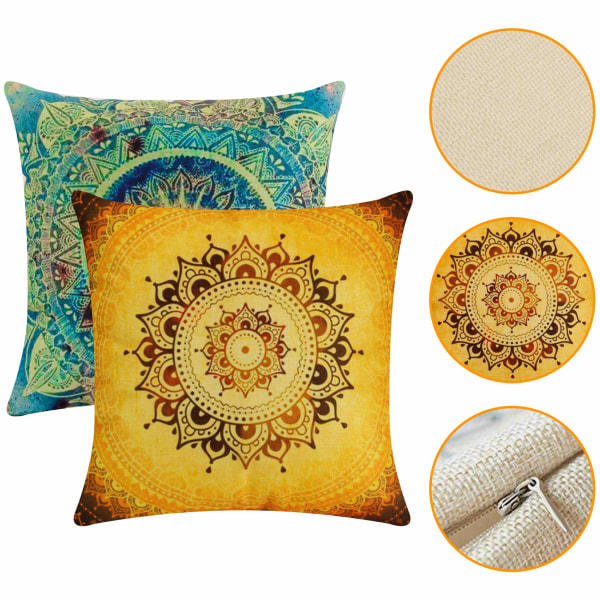 CDQ Set med 4 kuddfodral, indiska bohemiska mandala blommönster örngott（45 x 45 cm）