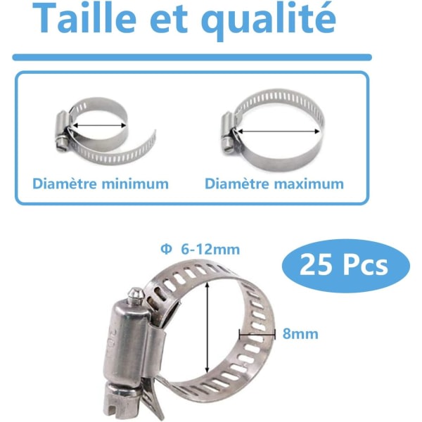 CDQ 25 stk justerbare metalliske klemringer, rustfritt stål klemme for 6-12mm rustfritt stål klemme 304