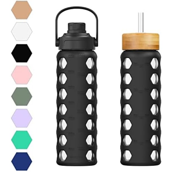 MUKOKO 32 oz glasvattenflaskor med 2 lock-handtagspiplock & bambuhalmlock, motiverande vattentumlare med tidsmarkörpåminnelse och Black