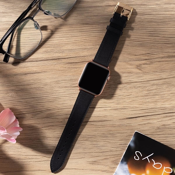 Apple Watch lærreim, erstatningsreim i ekte lær for Apple Watch Series 9 8 7 6 5 4 3 2 1 & iWatch SE, Ultra (38mm 40mm 41mm, svart) Black