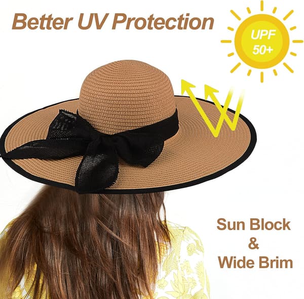 Solhatt for kvinner i strå, stor bred brem UPF 50+ (Khaki)
