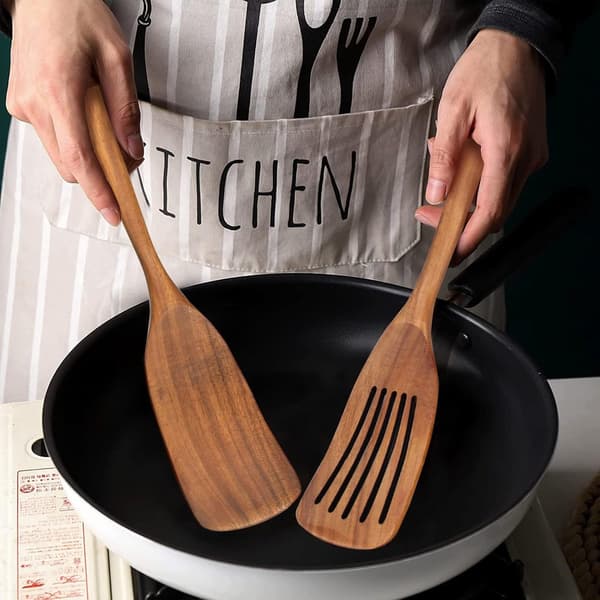 2-delt trespatelsett, matsikker giftfri tre, solide og hullspatler for non-stick kokekar og hverdagsmatlaging