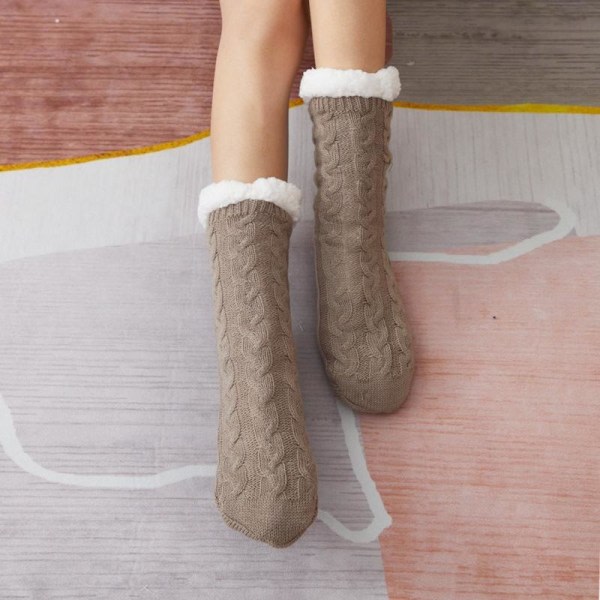 Varma stickade strumpor halkstrumpor tjocka vinterstrumpor inneskor kaki One Size kaki