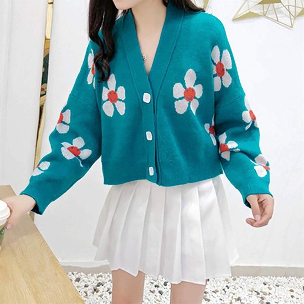 CDQ VLOJELRY Blomma långärmad kort kofta för kvinnor Casual Lös Light Blue One Size