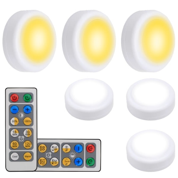 6PCS Fjernkontroll Nattlys: 3-farget dimbar, timer, touch-kontroll, perfekt for soverom, kjøkken, seng og skap LED-belysning 1 fjernkontroll 3 lys svart skall