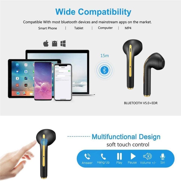 Bluetooth 5.0 trådlösa hörlurar Hörlurar Mini In-Ear Pods för iPhone Android Black