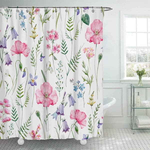 Duschdraperi - 90x180 cm - Akvarellblommor/tropiska blad - Polyester - Mögelresistent & vattentätt